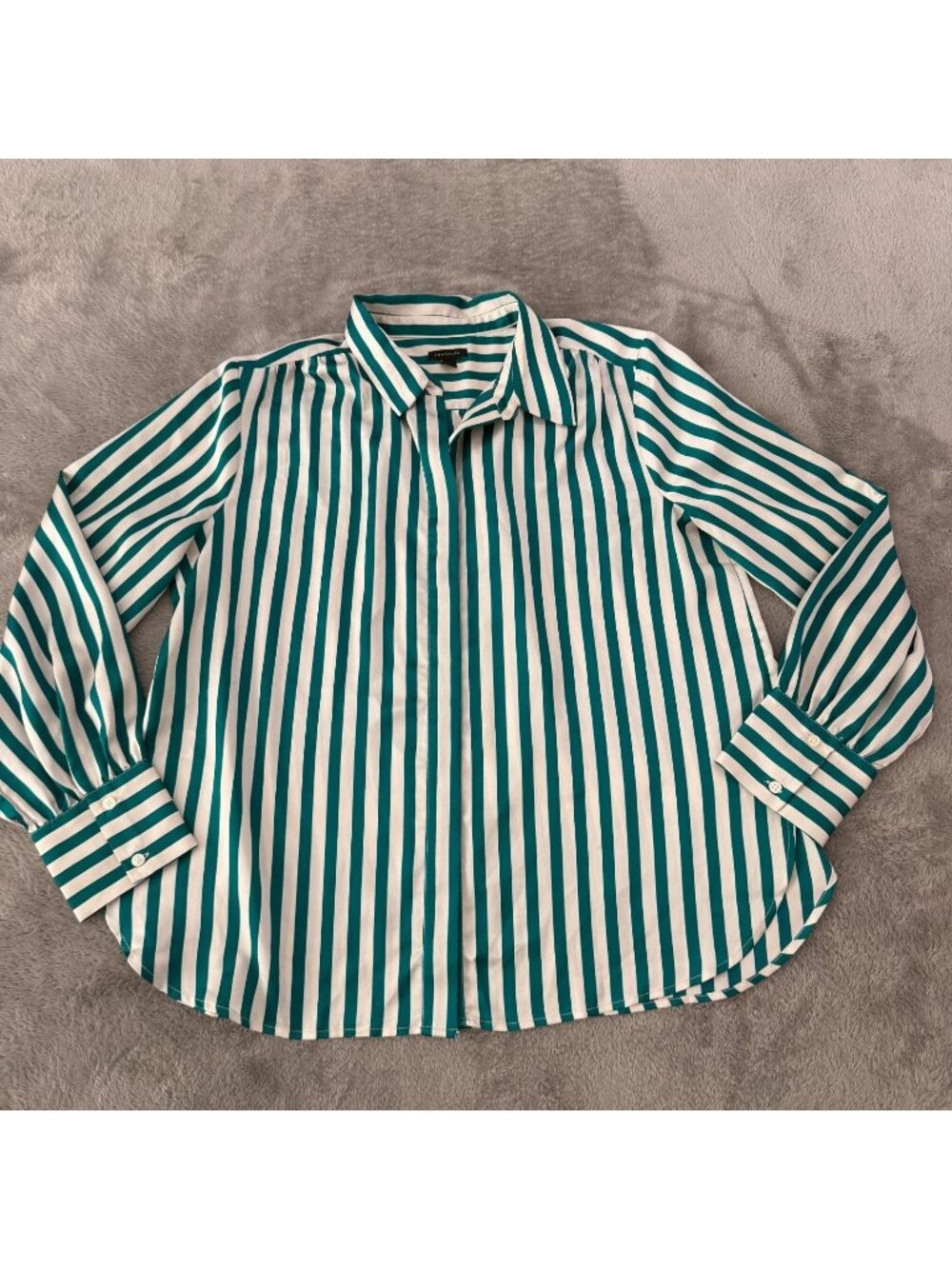 Ann Taylor Green White Stripe Satin Button Up Long Sleeve Blouse Top Shirt LARGE
